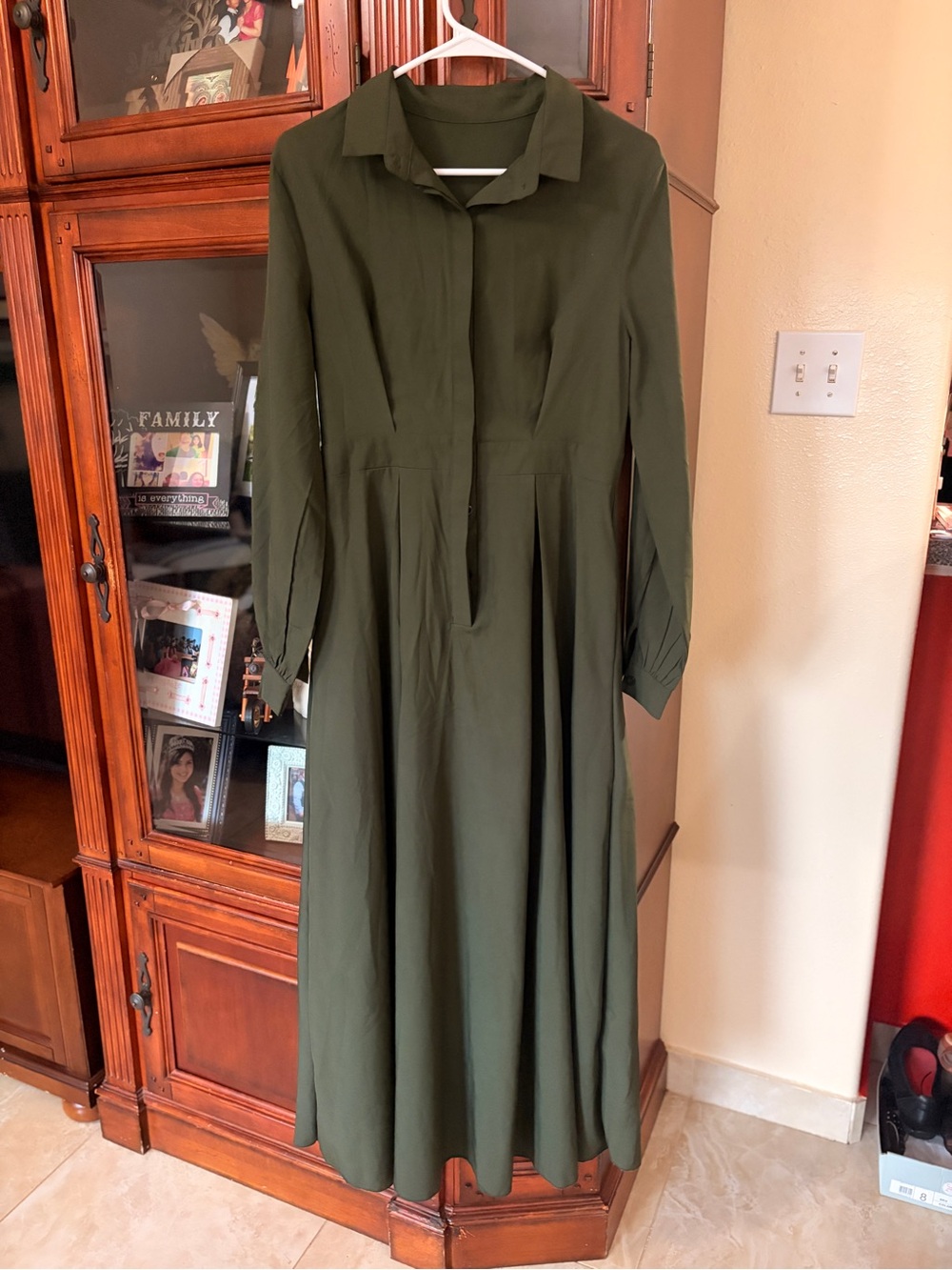 SHEIN Olive Green Long Sleeve Midi Shirt Dress
